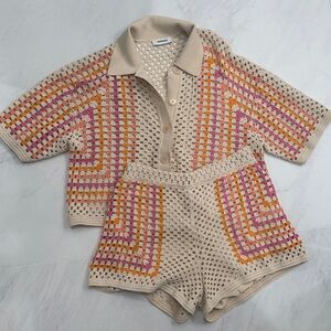 Sandro High Waist Beige Crochet Shorts and Matching top with Vibrant Accents